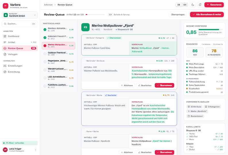 Variora Review-Queue mit Alt/Neu-Diff, SEO- und AI-Readiness